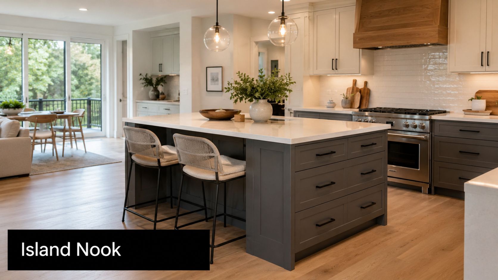 A modern kitchen interior featuring a dark grey island with white countertop and elegant bar stools.