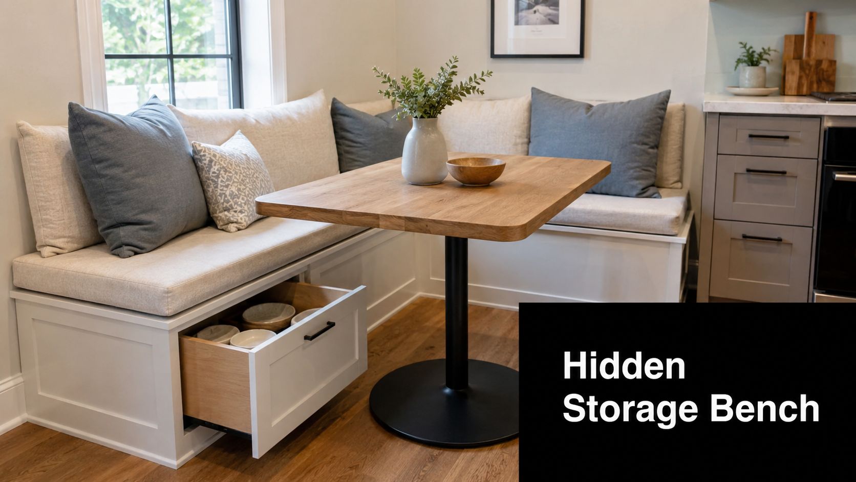 A cozy breakfast nook featuring a built-in bench with an open drawer revealing hidden kitchen storage.