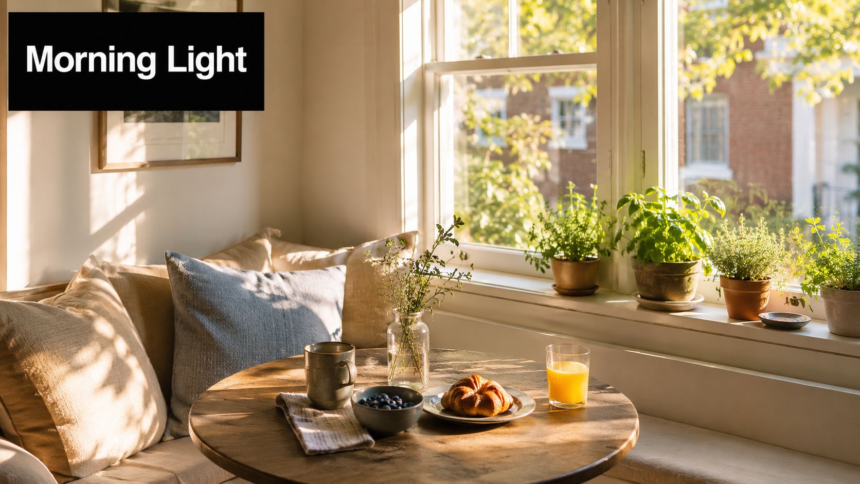 A cozy, sunlit breakfast nook with a round wooden table, fresh croissant, juice, and potted plants.