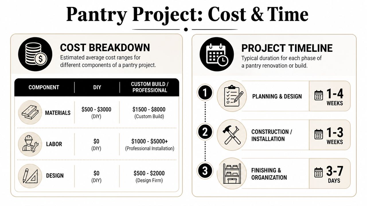 A detailed infographic showing the cost breakdown and project timeline for building a custom home pantry.