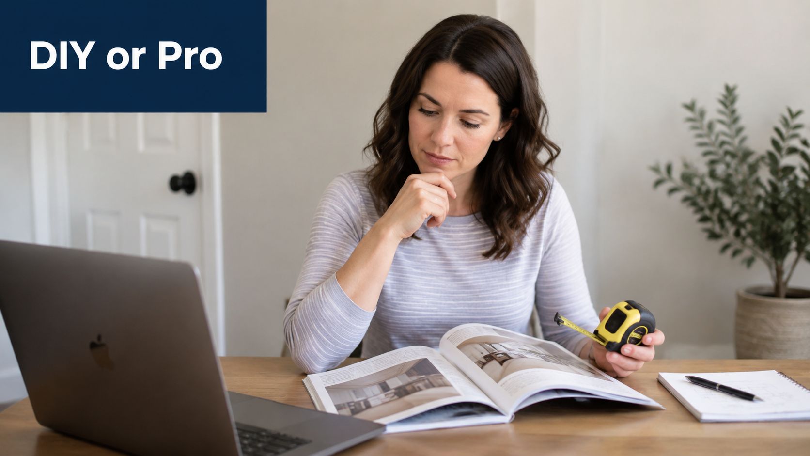 A woman sits at a wooden table, consulting a home design magazine while holding a tape measure.