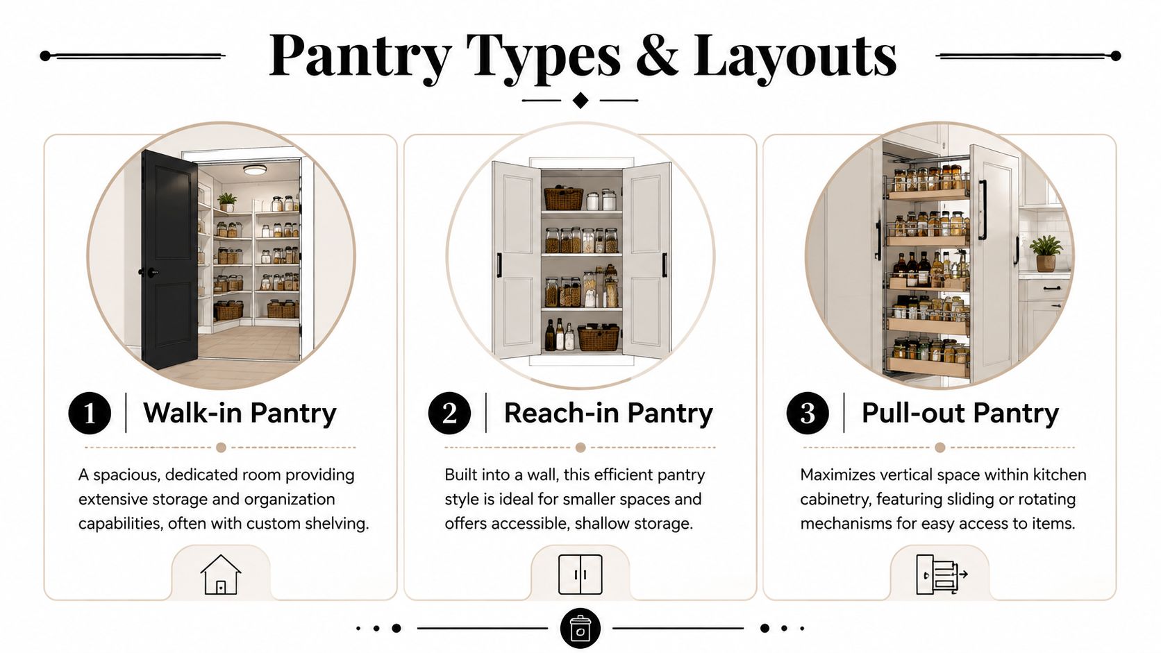 A visual guide comparing three common kitchen pantry types: walk-in, reach-in, and pull-out designs.