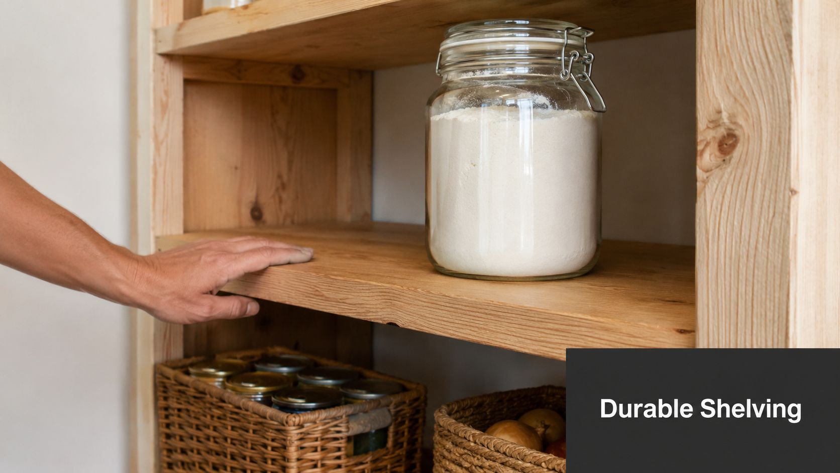 A hand touching a sturdy wooden pantry shelf containing a glass jar of flour and woven baskets.