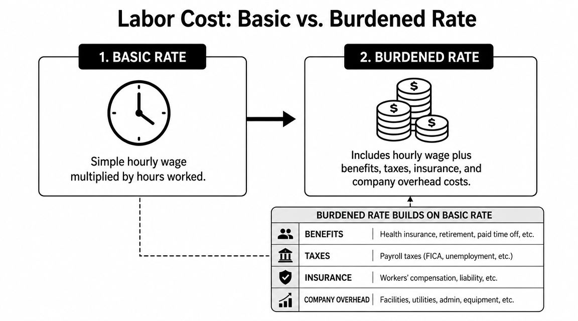 An infographic showing the difference between basic hourly wage and the total burdened labor cost for employees.