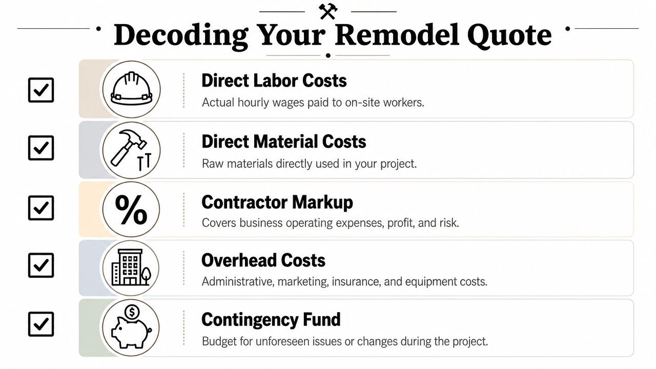 An infographic titled Decoding Your Remodel Quote that defines labor, materials, markup, overhead, and contingency costs.