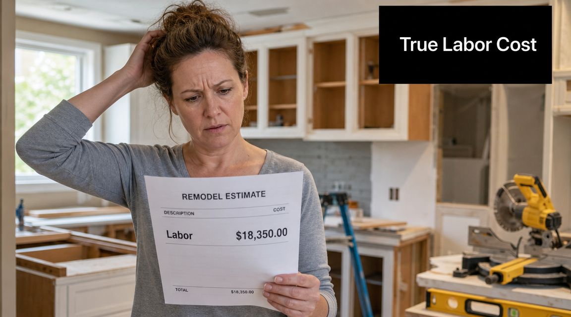 A confused woman holding a home remodel labor estimate document in a kitchen undergoing construction work.