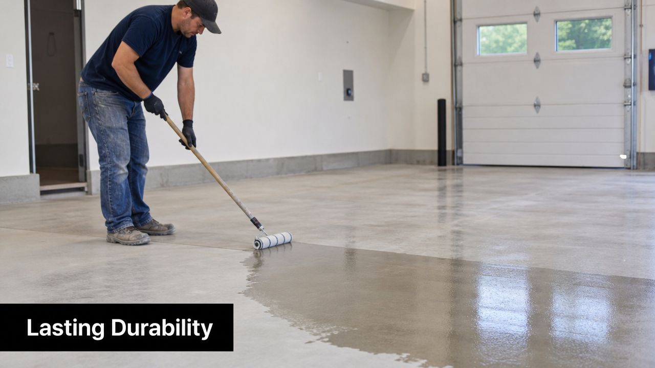A professional worker using a paint roller to apply a shiny coating onto a concrete garage floor.