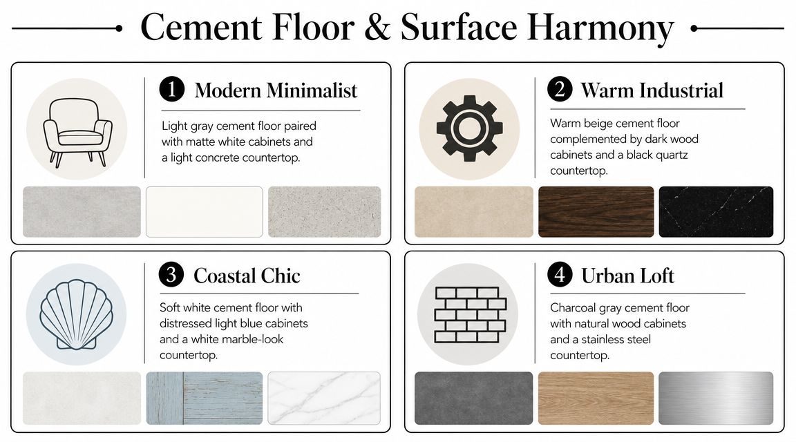 A design infographic showing four distinct interior styles featuring cement floor and surface color palette combinations.
