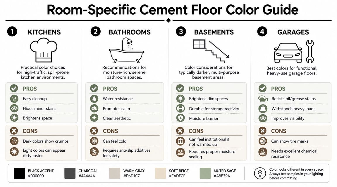 A guide showing recommended cement floor paint colors for kitchens, bathrooms, basements, and garages with pros and cons.