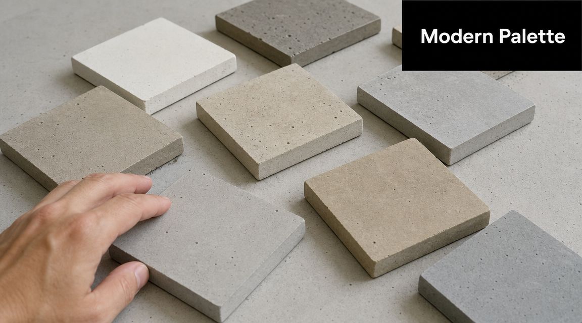 A hand touching a square sample tile on a surface with various modern cement floor color options.
