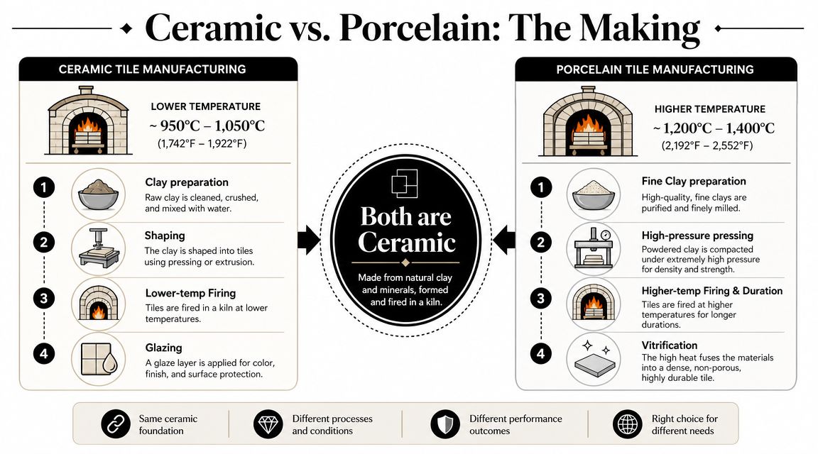 An infographic comparing the manufacturing processes for ceramic and porcelain tiles, explaining their differences and shared foundations.
