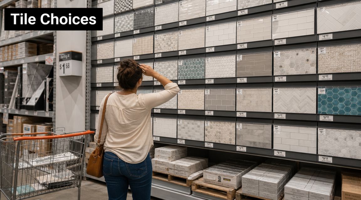 A woman shopping for tiles in a home improvement store, looking at a display of various ceramic samples.