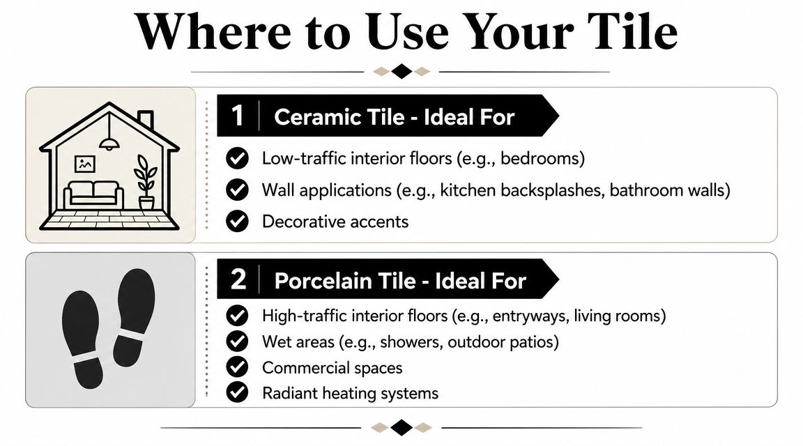 A guide illustrating where to use ceramic tile compared to porcelain tile for various home applications.