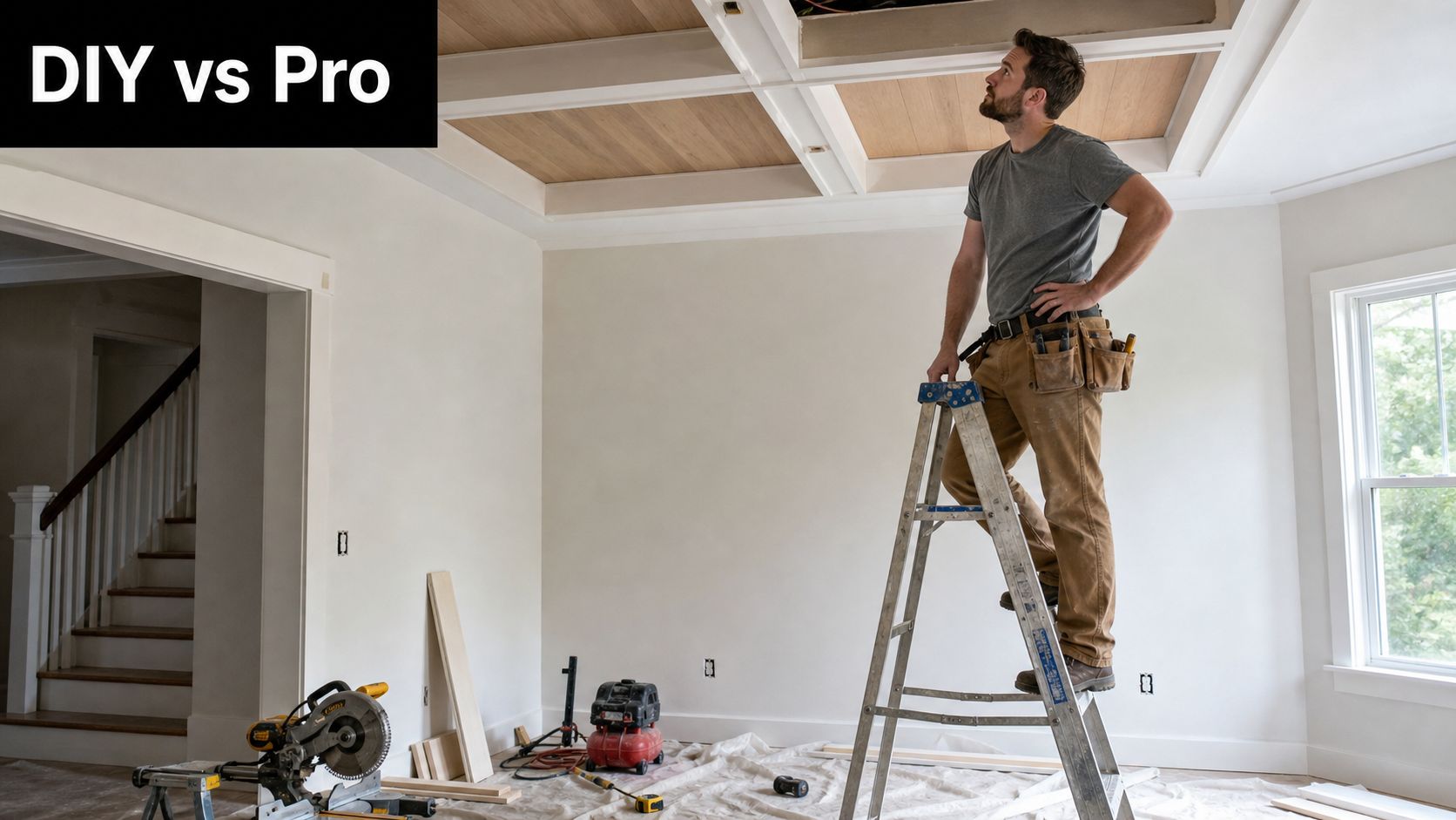 A professional construction worker inspecting a wooden coffered ceiling installation inside a modern residential home renovation project.
