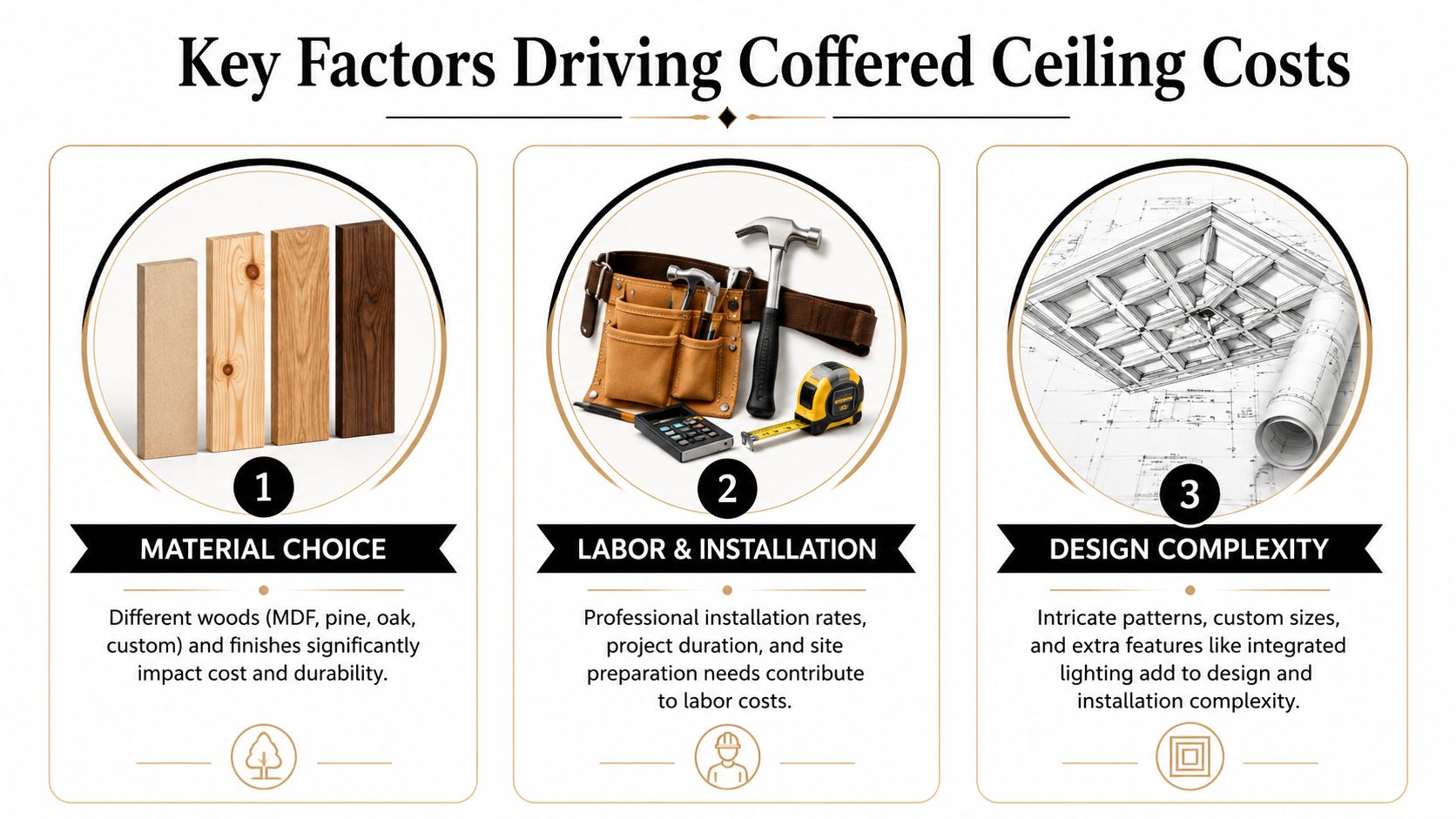 An infographic detailing the three key factors that drive the total cost of installing a coffered ceiling.