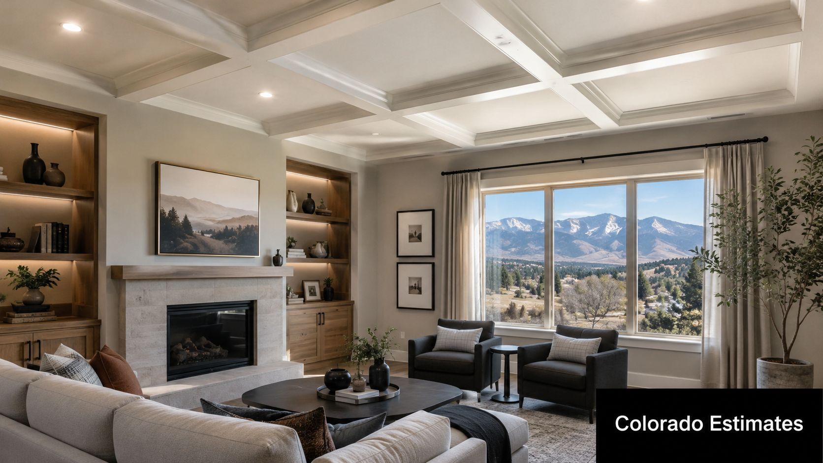 A luxurious living room featuring a coffered ceiling, stone fireplace, and a large window with mountain views.