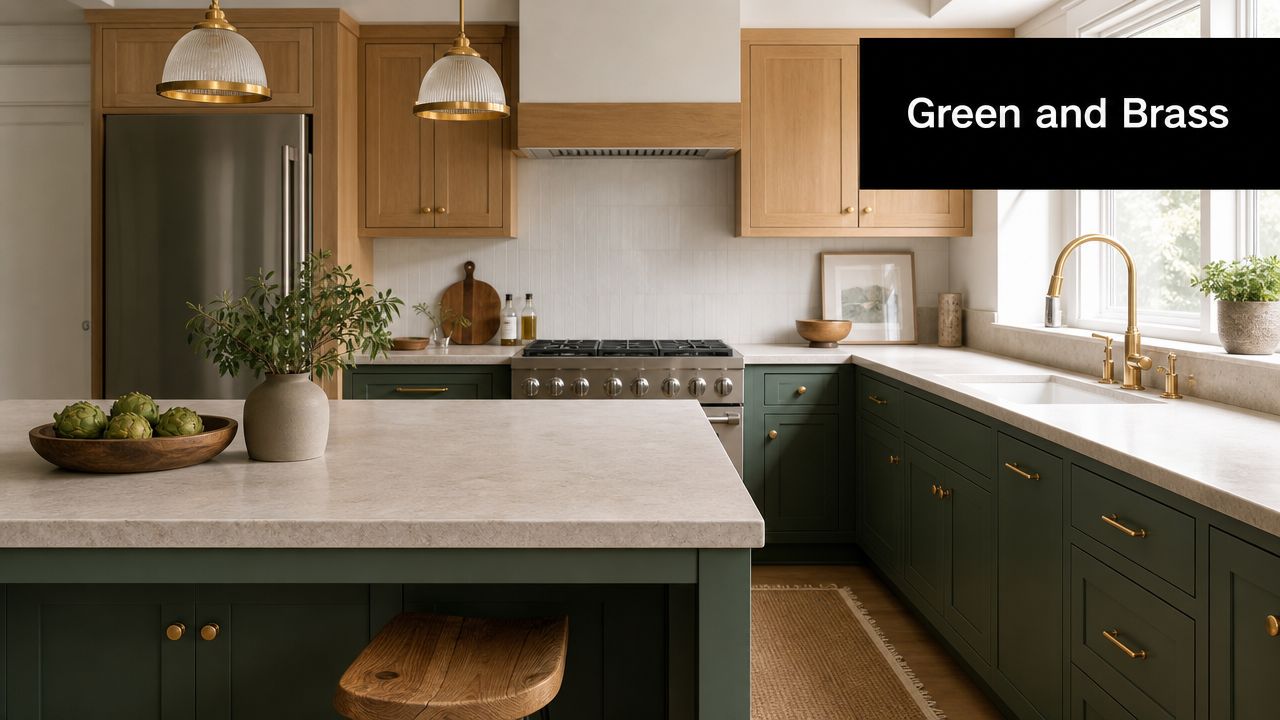 A modern kitchen featuring dark green cabinetry paired with natural oak wood accents and brass hardware.
