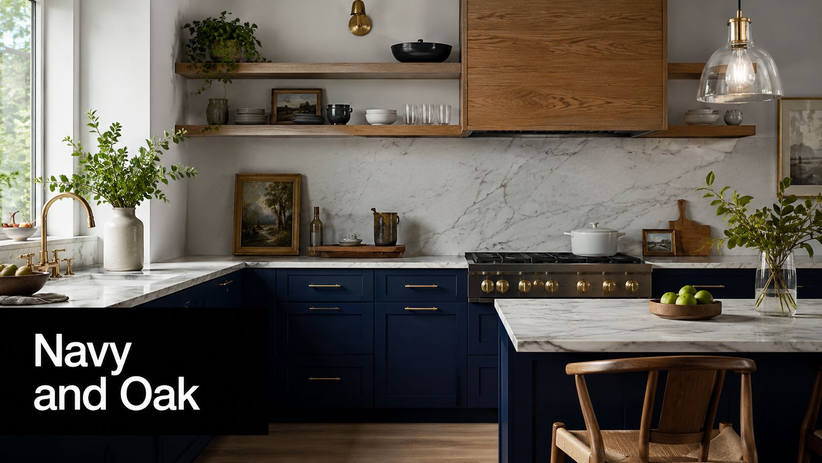 A modern kitchen design featuring elegant navy blue cabinets paired with warm natural oak wood shelves and accents.