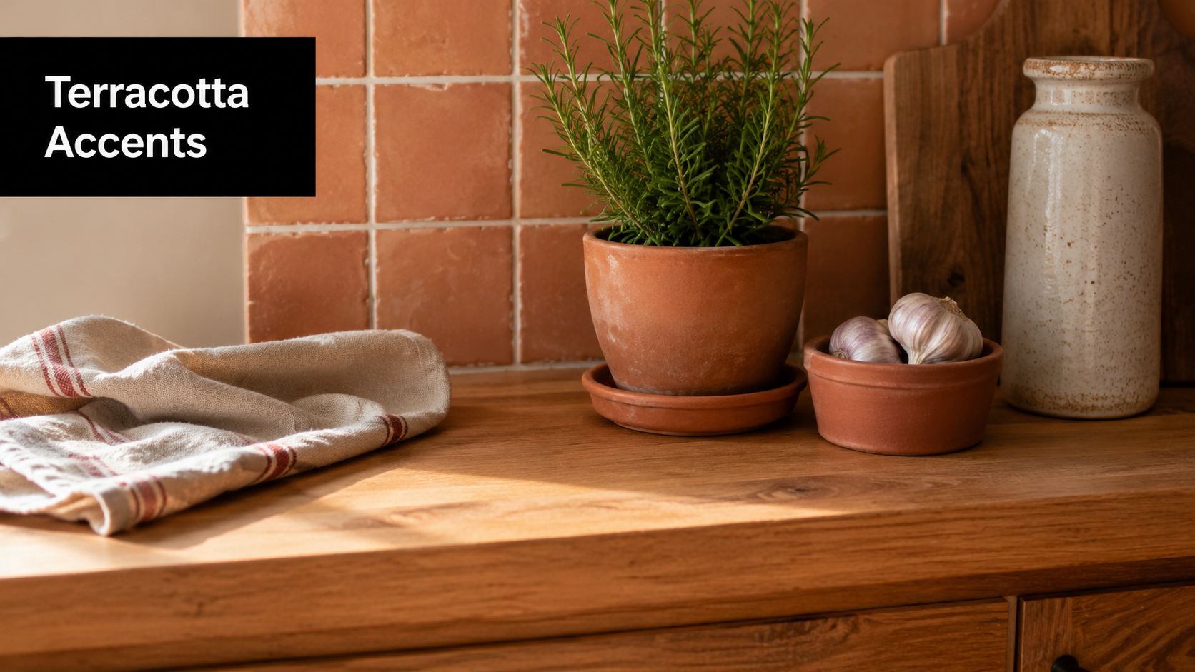 A rustic kitchen countertop featuring terracotta tiles, a potted rosemary herb, and raw garlic cloves.
