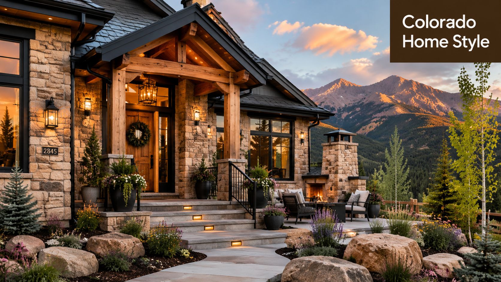 A luxurious Colorado home with crab orchard stone exterior and an inviting patio overlooking mountain views.
