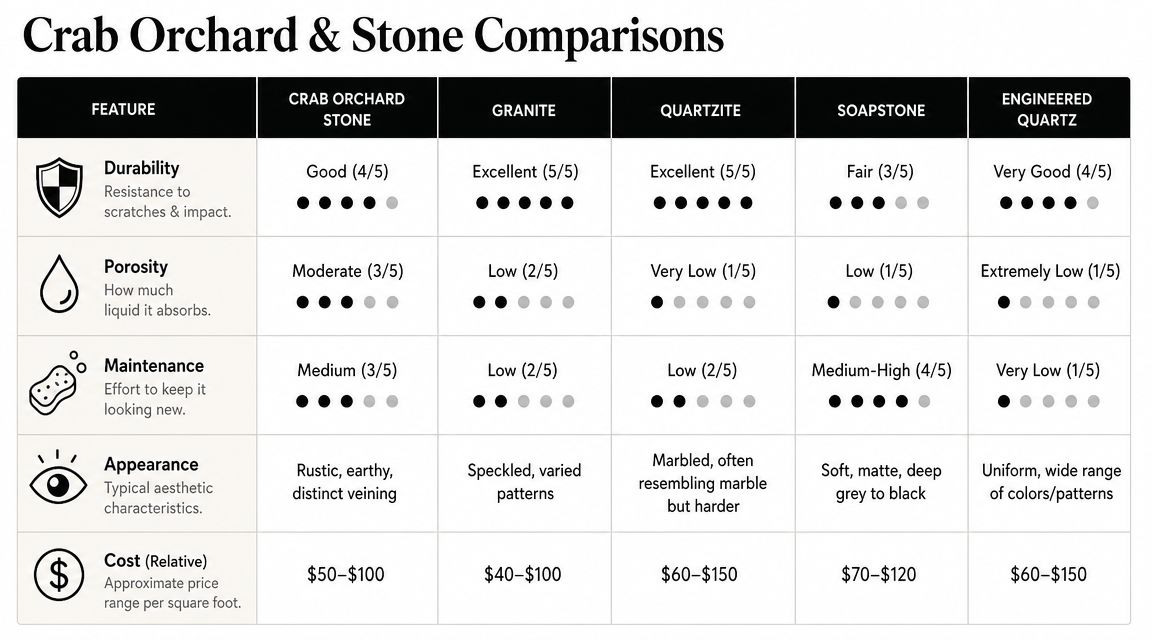 A comparison chart table evaluating Crab Orchard stone against granite, quartzite, soapstone, and engineered quartz across five metrics.