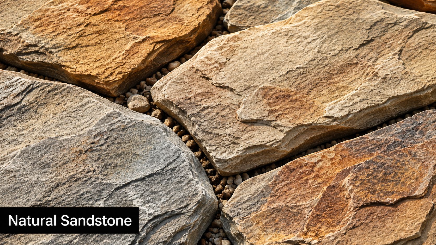 Close up view of textured natural sandstone paving stones with small pebbles filling the gaps.