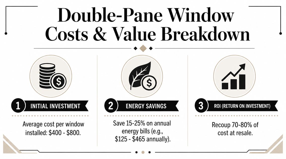 An infographic detailing the costs, energy savings, and return on investment for installing double-pane windows.