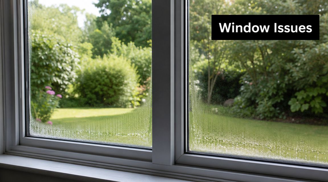 A close-up view of double pane windows showing condensation and moisture trapped between the glass panels.