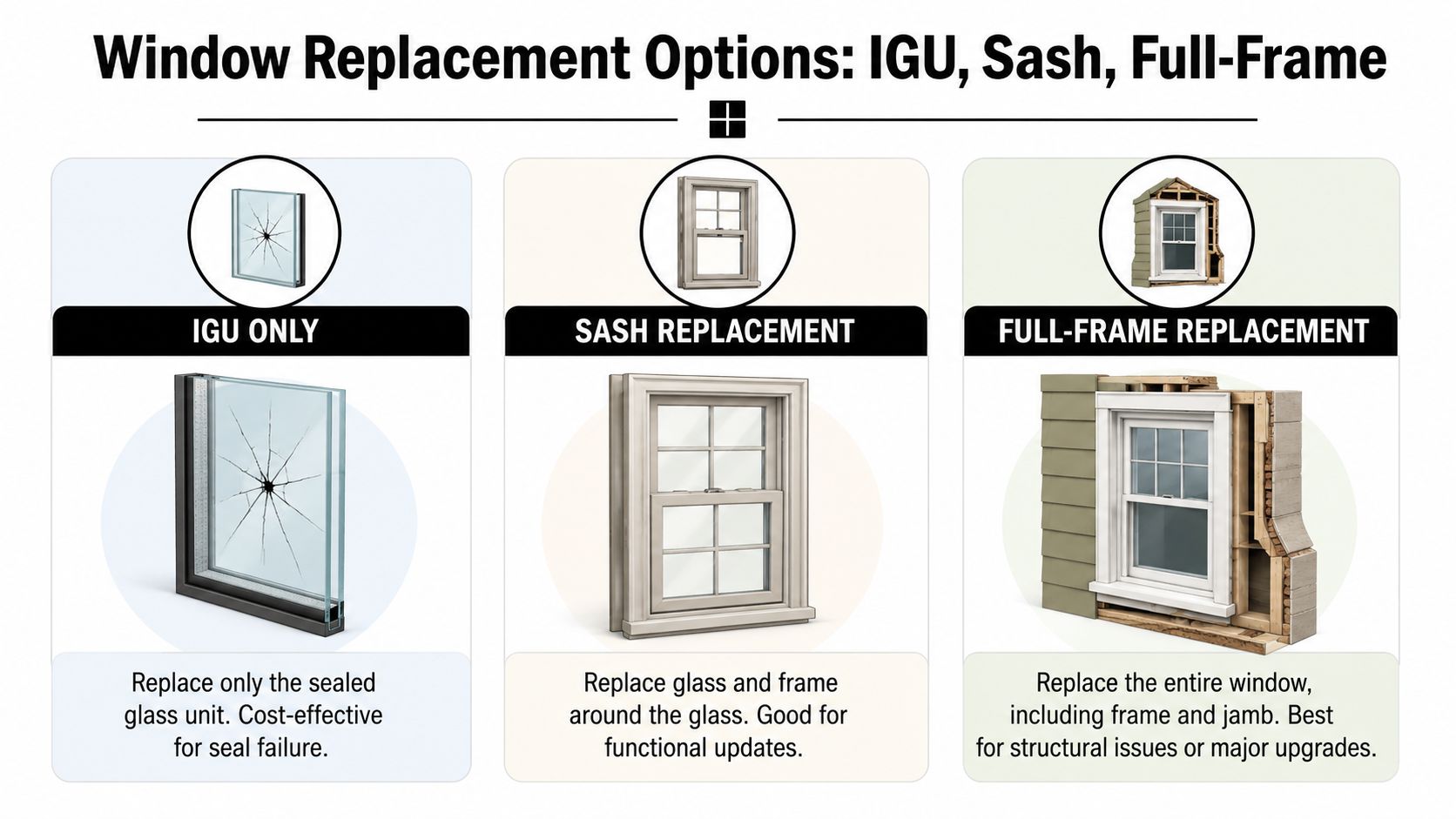 A diagram comparing three window replacement options: IGU only, sash replacement, and full-frame replacement for homeowners.