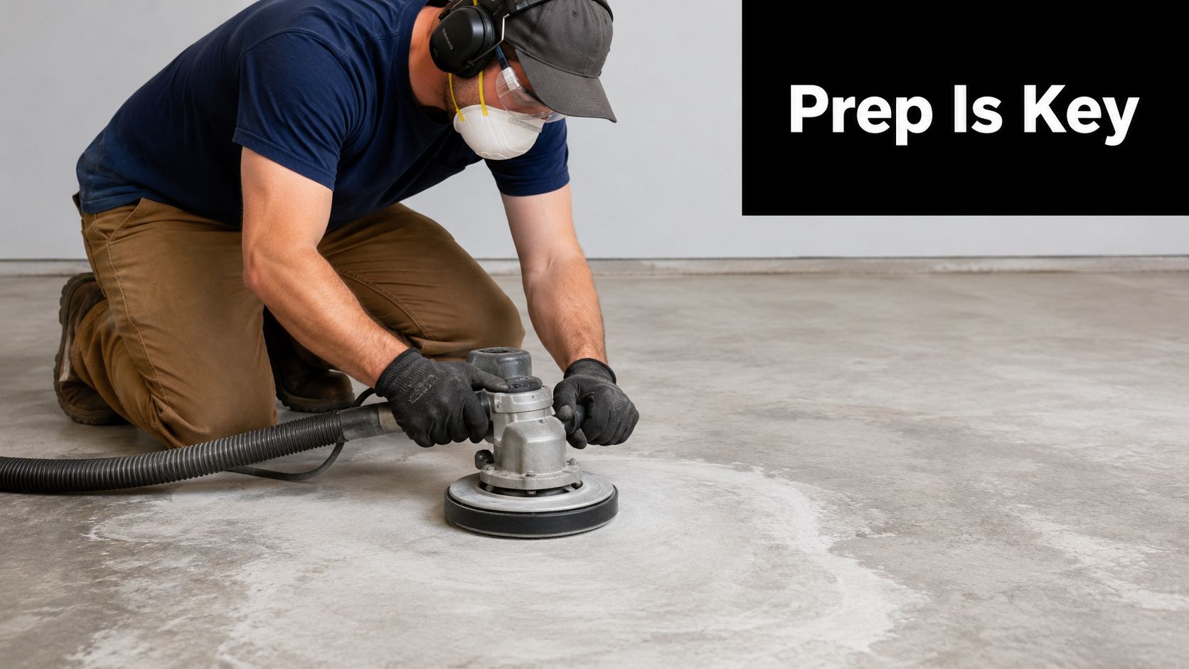 A contractor wearing protective gear uses a floor sander to prepare a concrete floor for coating.