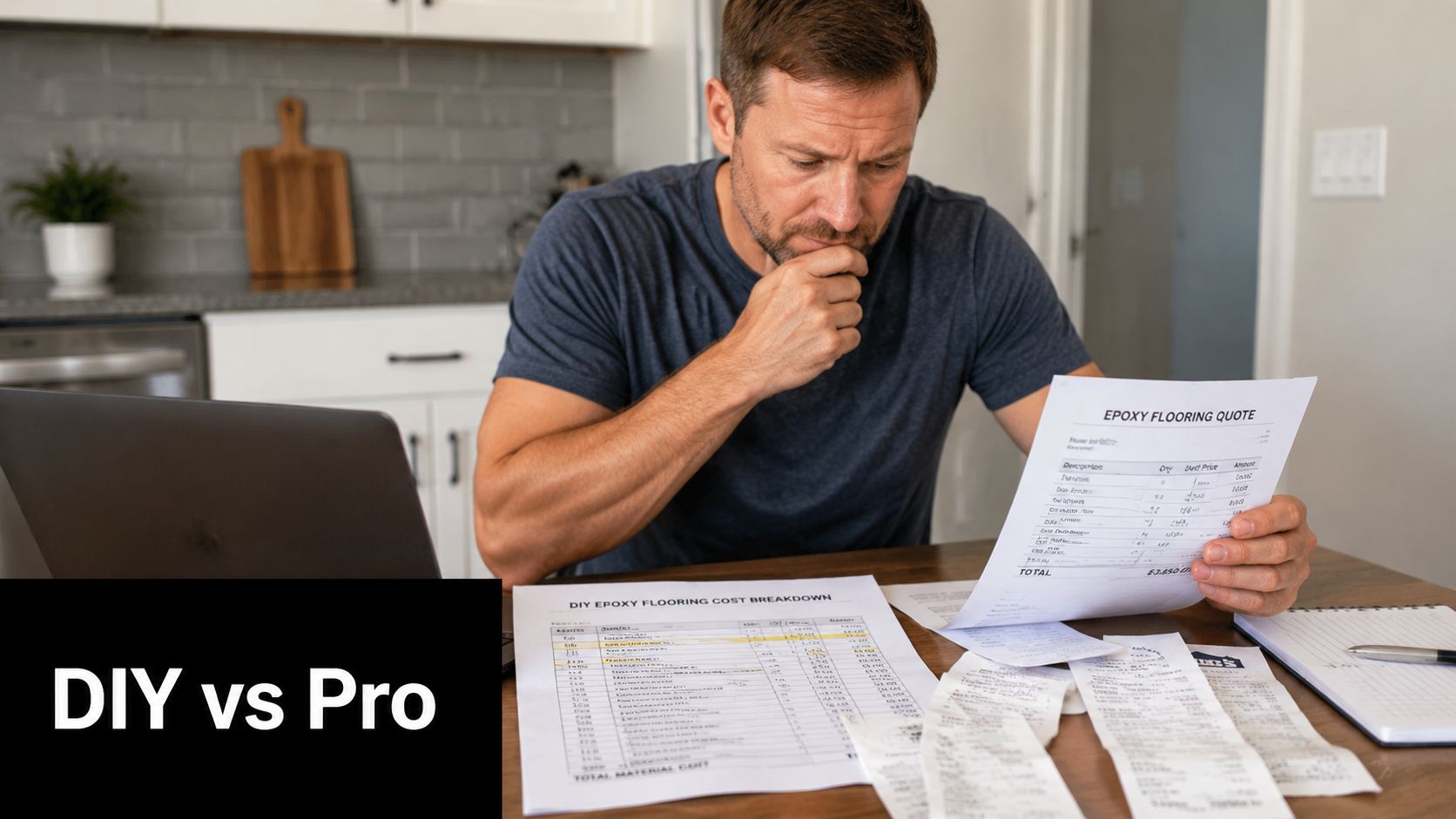 A man sits at a kitchen table comparing professional epoxy flooring quotes with a DIY cost breakdown sheet.