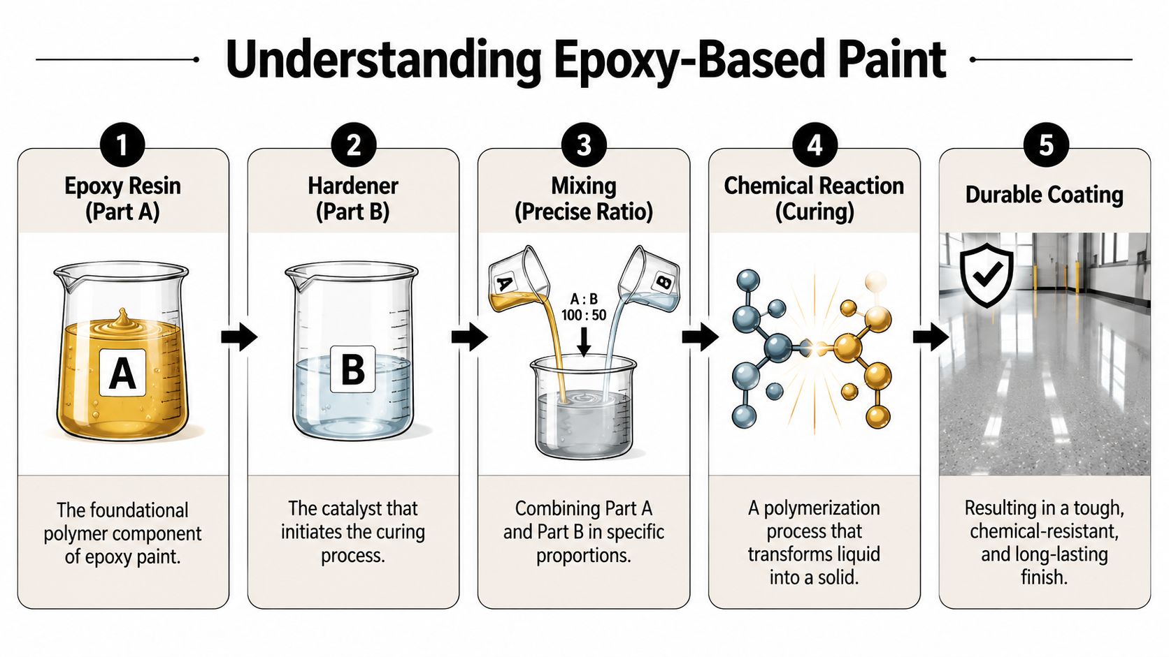 A five-step infographic showing the chemical process of mixing and curing epoxy-based paint into a durable coating.