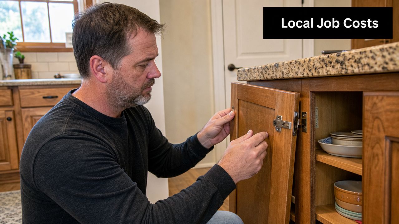 A skilled handyman carefully installing a wooden cabinet door in a residential kitchen interior.