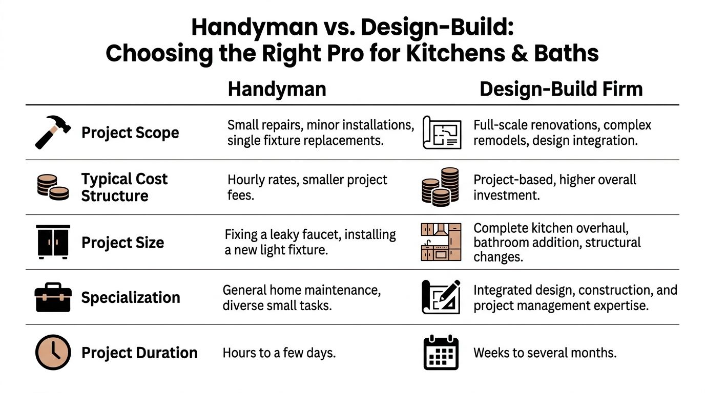 A comparison chart highlighting the differences between hiring a handyman and a design-build firm for renovations.