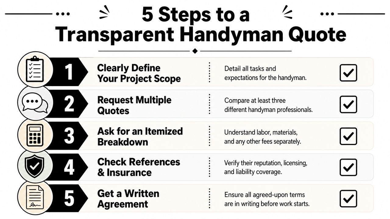 A list of five essential steps to follow when requesting a transparent quote from a professional handyman.