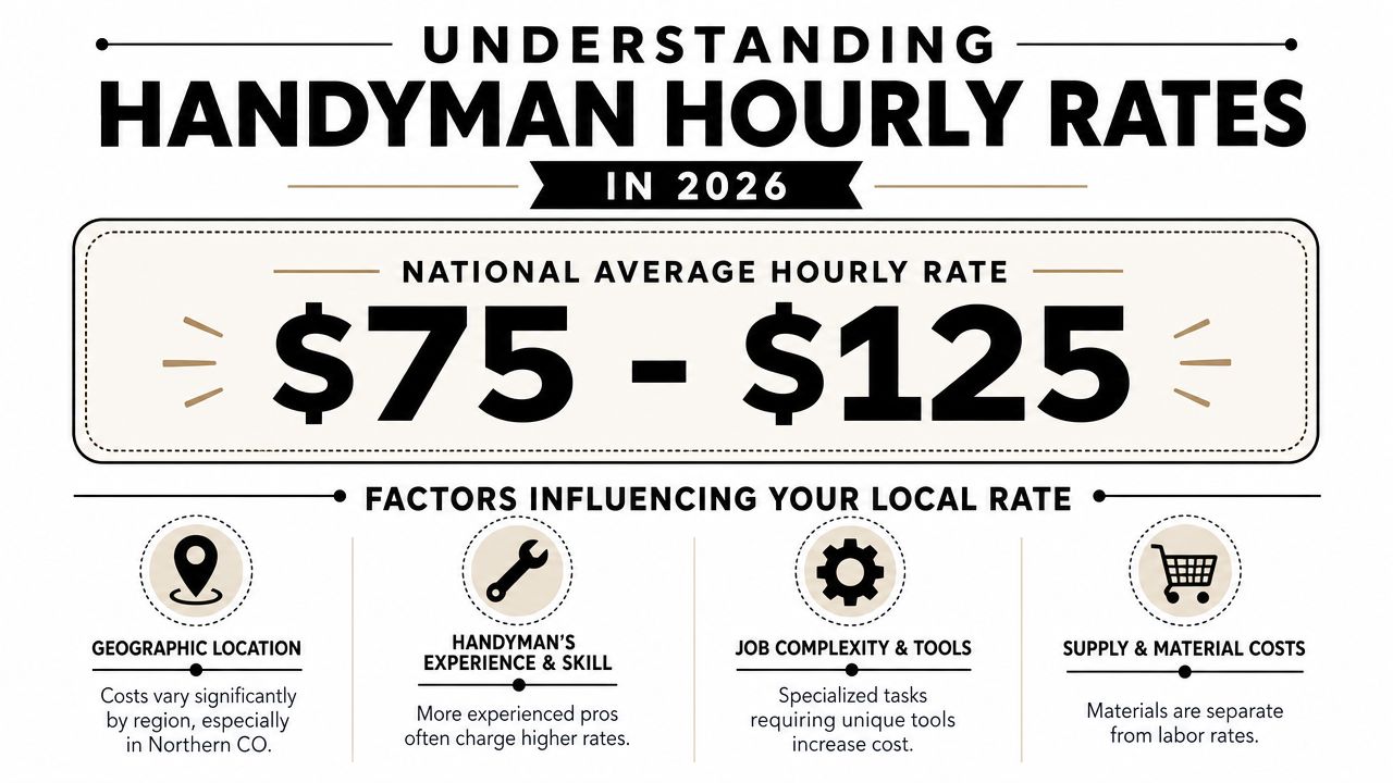 An infographic showing the 2026 national average handyman hourly rate ranging from 75 to 125 dollars.
