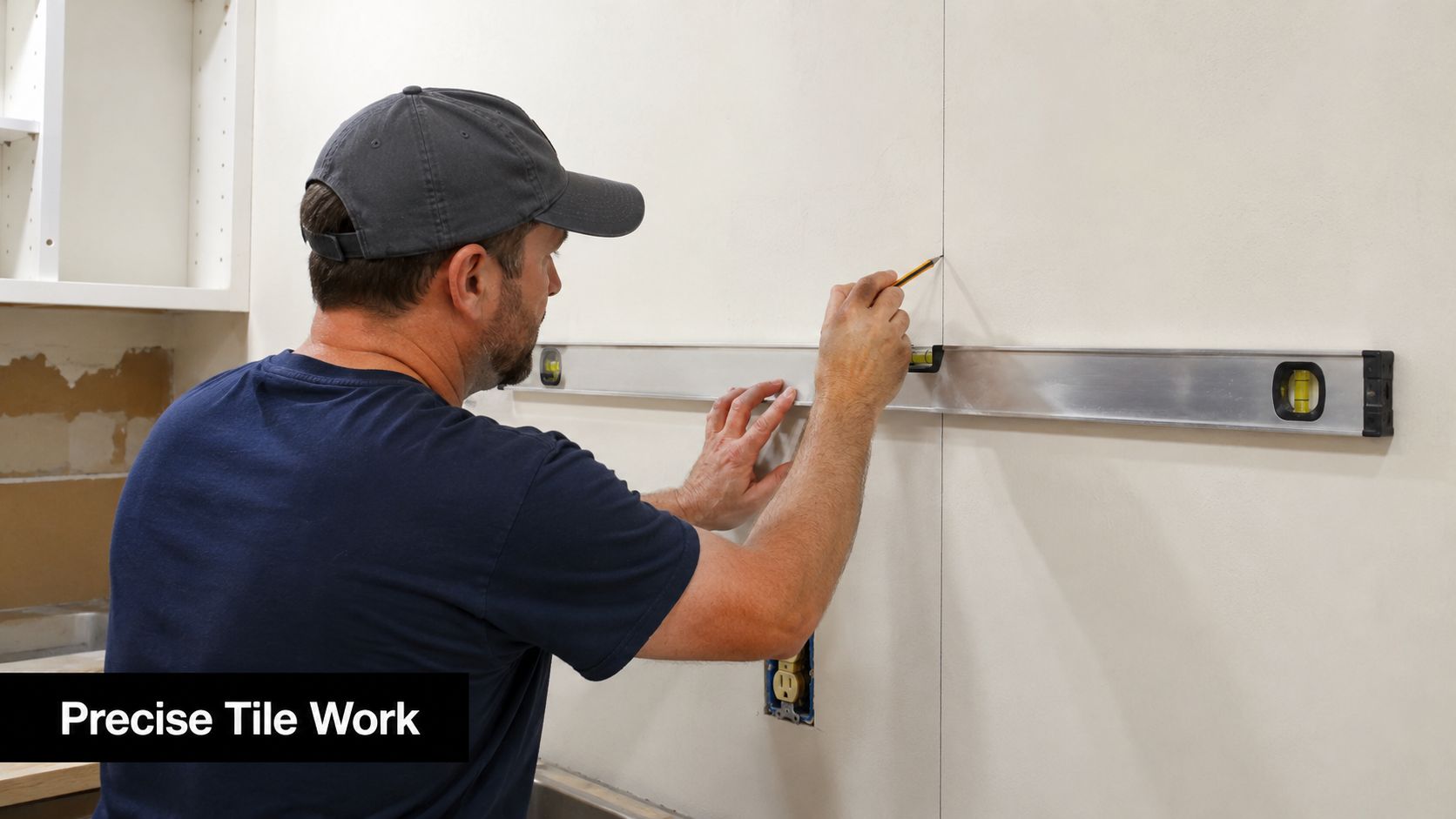 A professional tradesman using a level and pencil to mark a straight line on a kitchen wall.