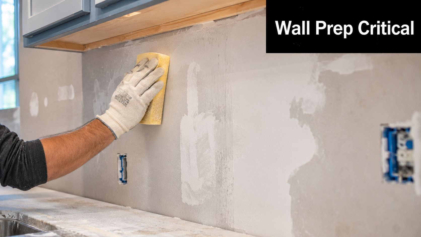 A construction worker wearing gloves uses a yellow sponge to smooth a wall for kitchen backsplash installation.