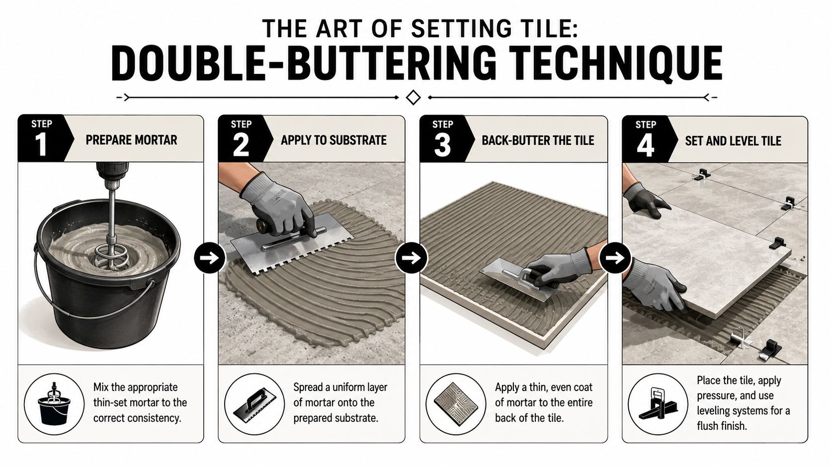 A step-by-step instructional graphic illustrating the professional double-buttering technique for installing large format floor tiles.