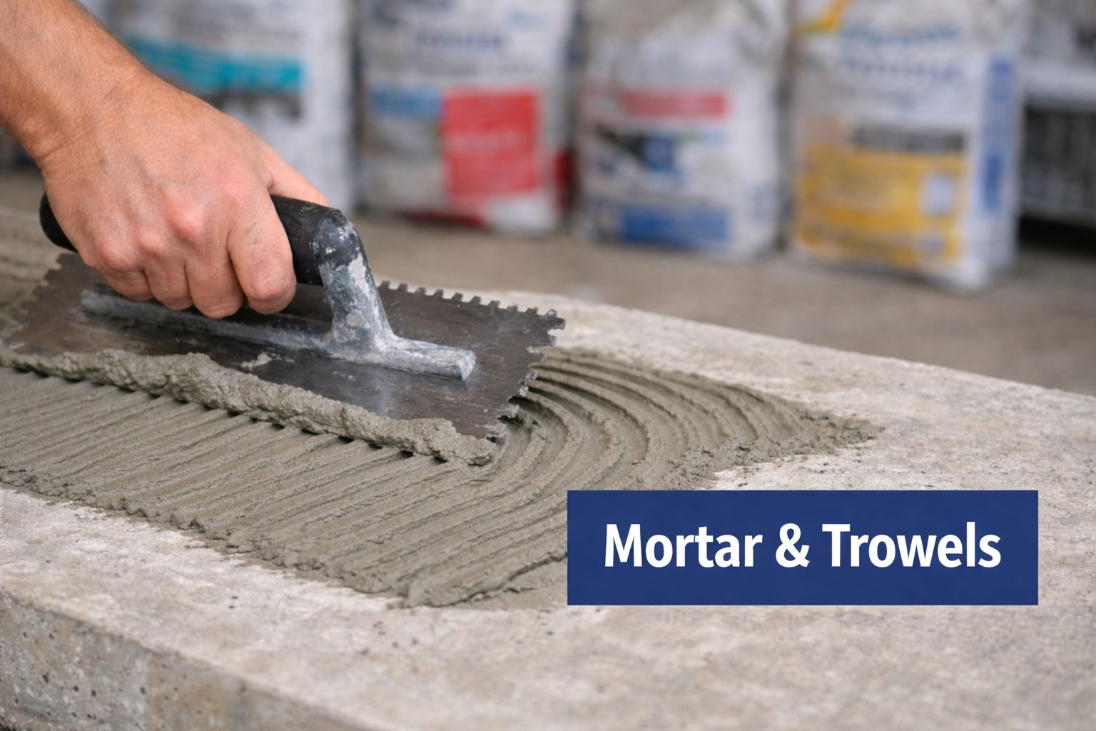A close-up of a worker using a notched trowel to spread mortar for large format tile installation.
