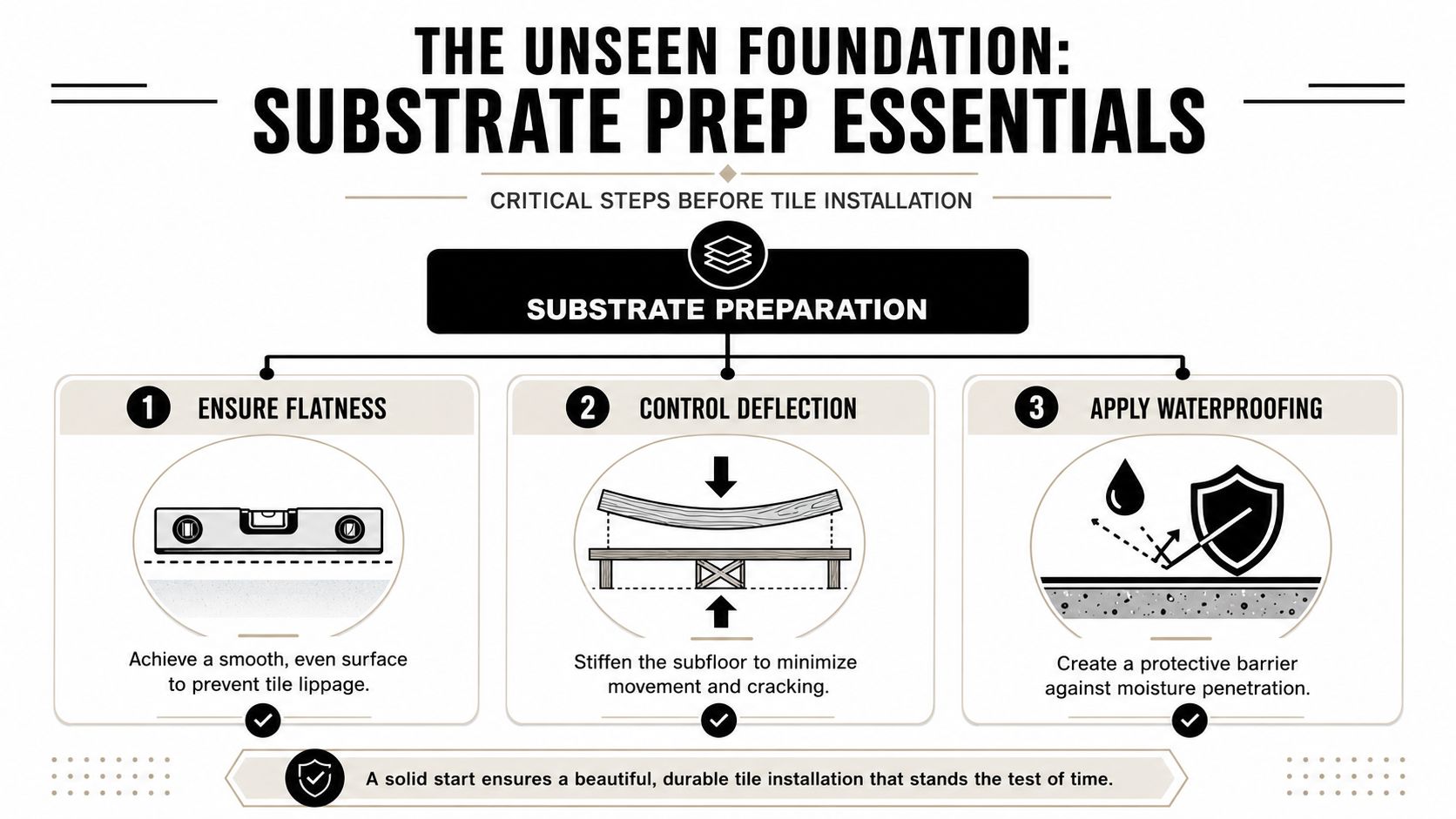 An infographic showing the three essential steps for substrate preparation before installing floor tiles.