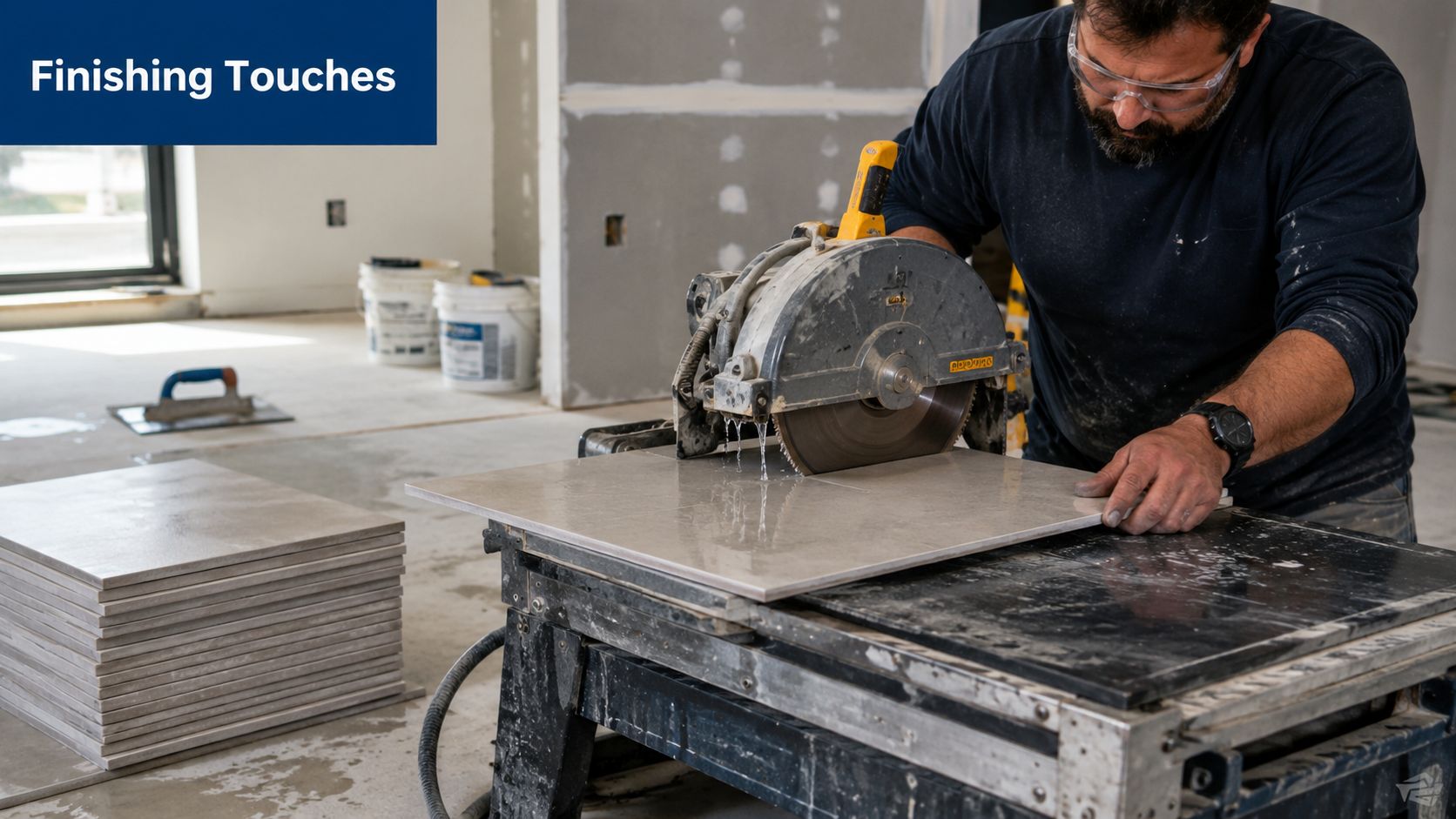 A professional construction worker uses a wet saw to precisely cut a large format ceramic tile.