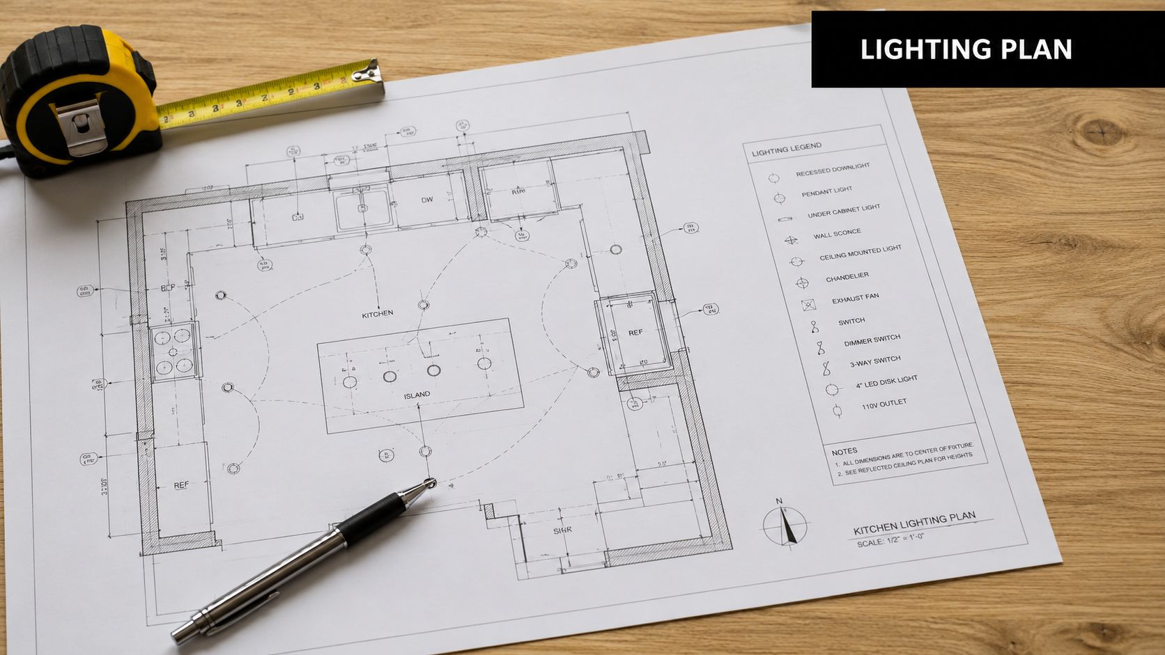 A professional kitchen floor plan with lighting design markings, a measuring tape, and a pen on a table.