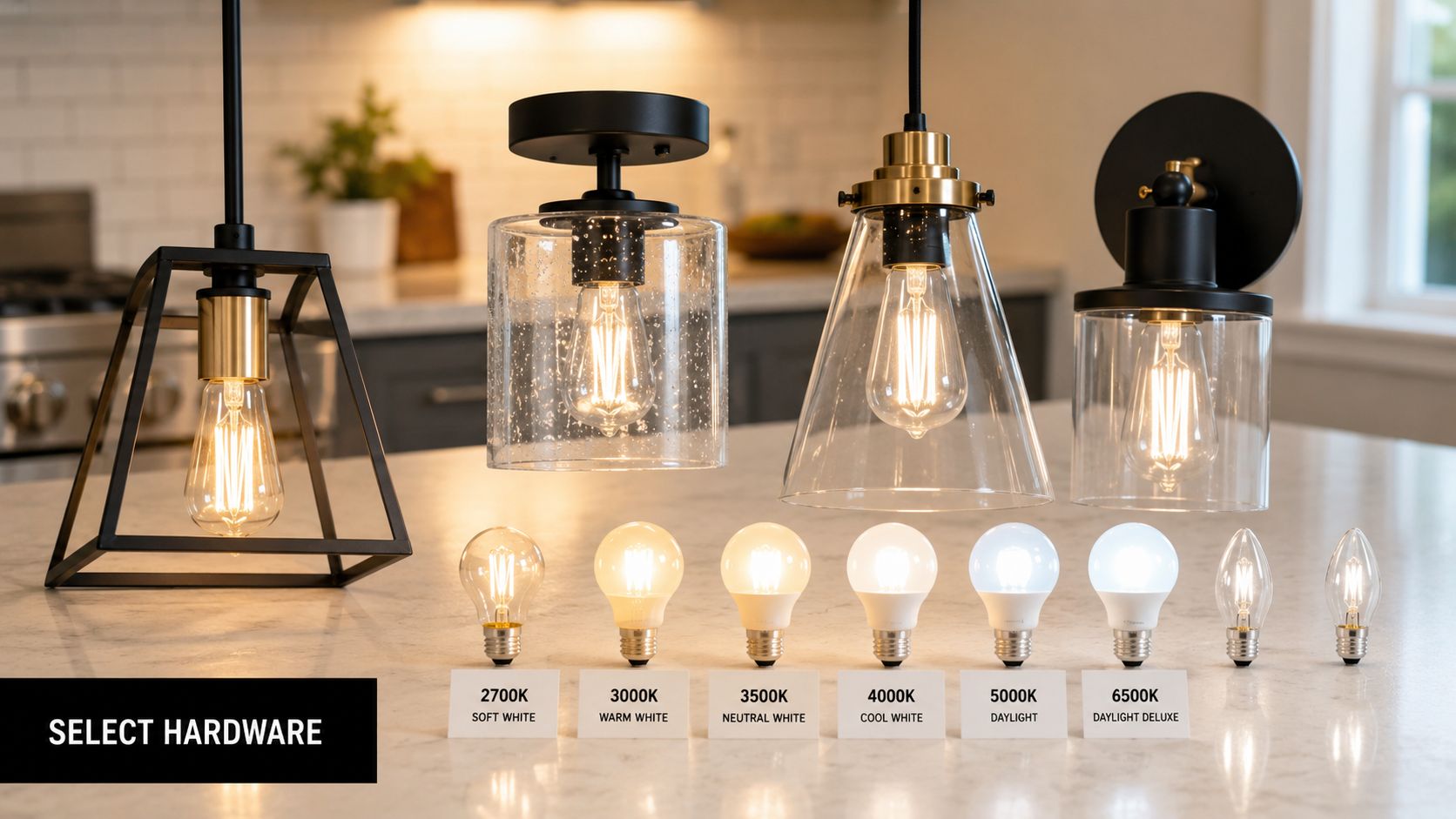 Four different light fixtures displayed on a countertop next to a row of various color temperature lightbulbs.
