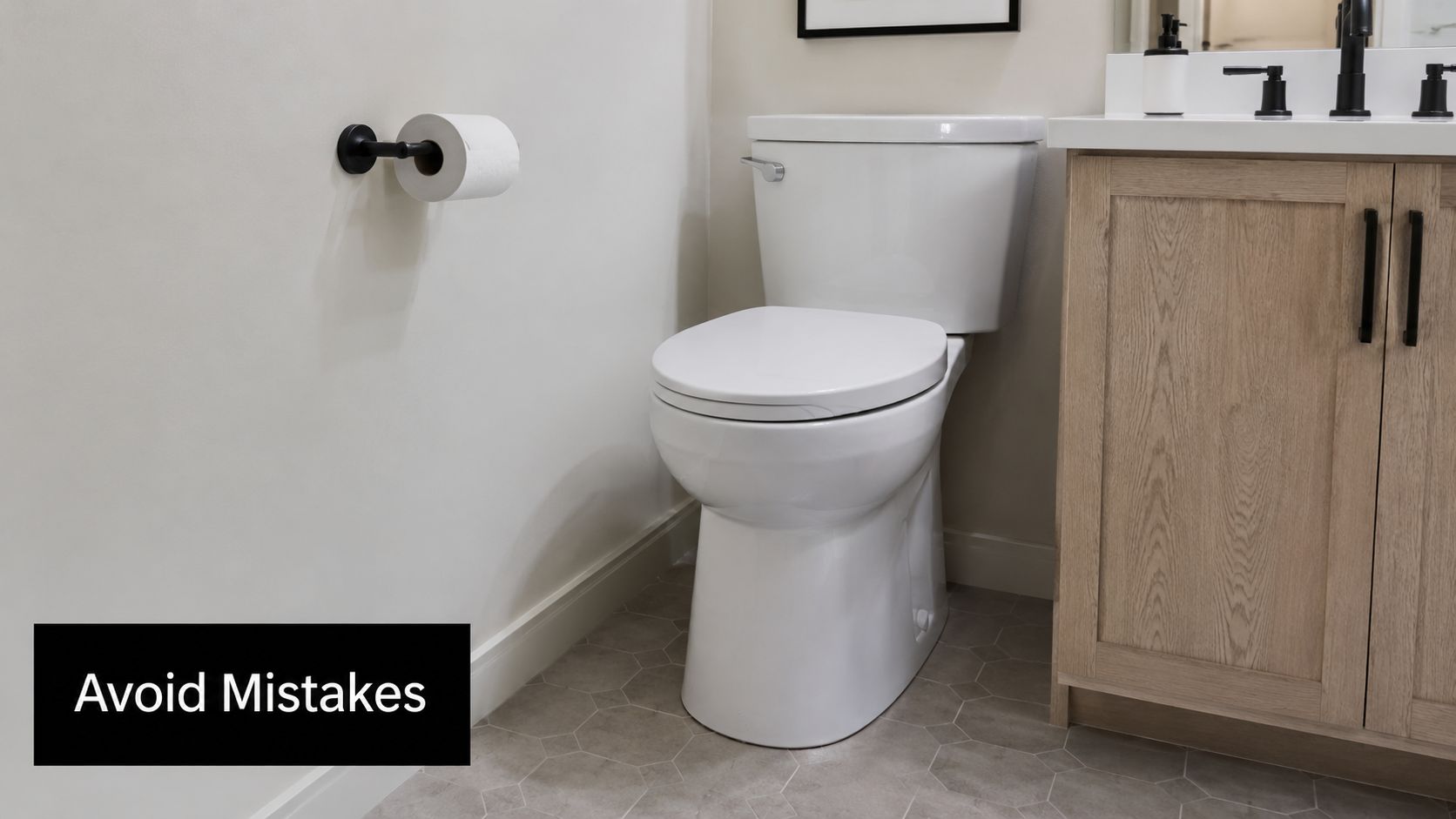 A modern bathroom toilet positioned closely next to a wooden vanity cabinet on a tiled floor.