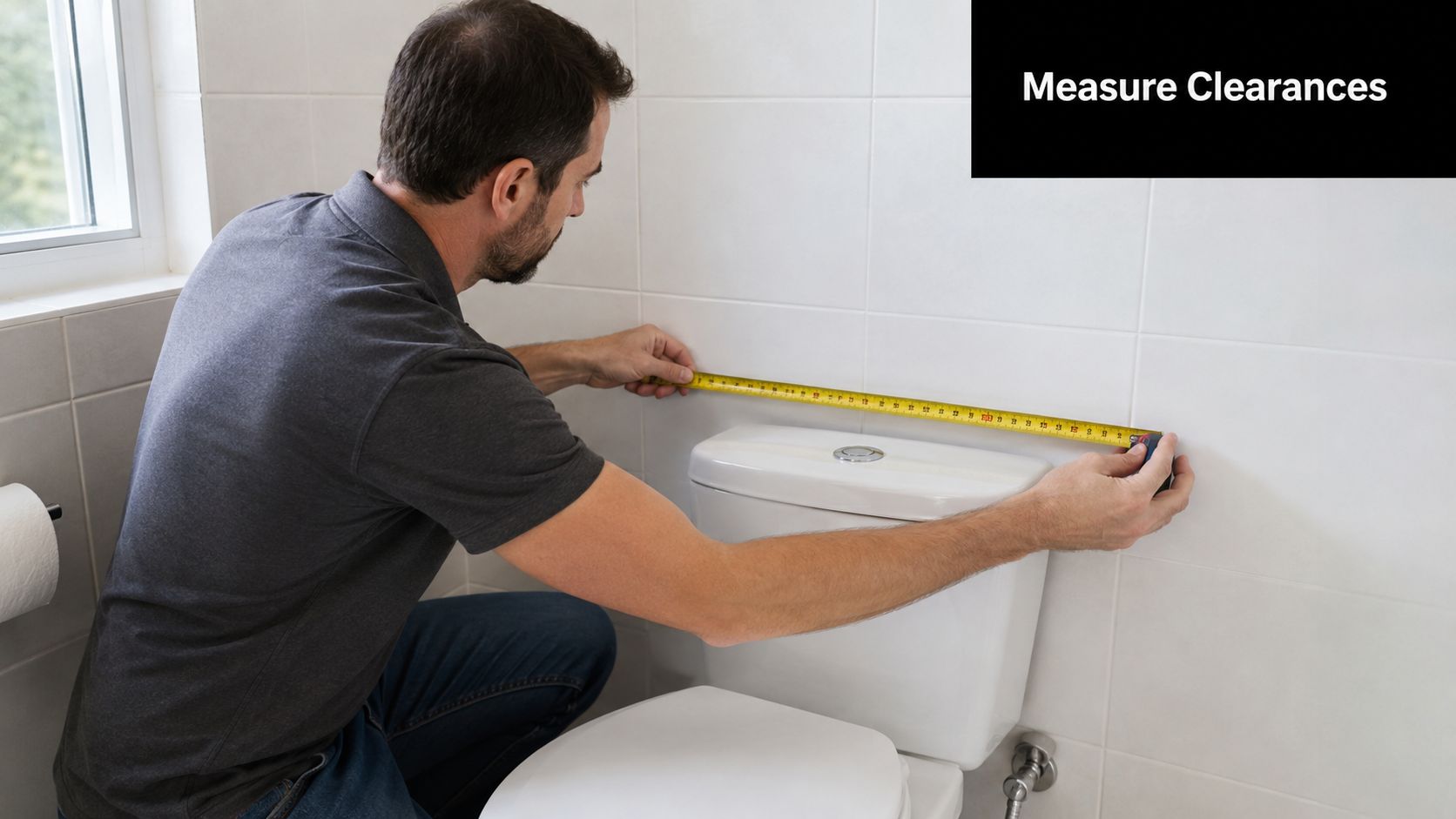 A professional tradesman measuring the clearance around a modern toilet using a yellow tape measure.