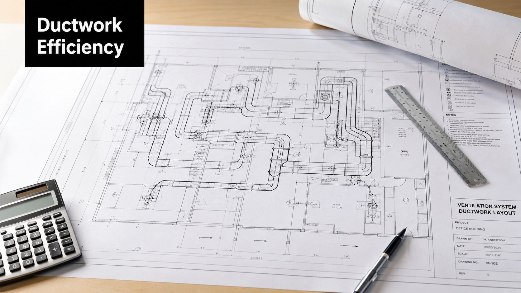 Architectural blueprints for a ventilation system layout, featuring a calculator, pen, and metal ruler on a desk.