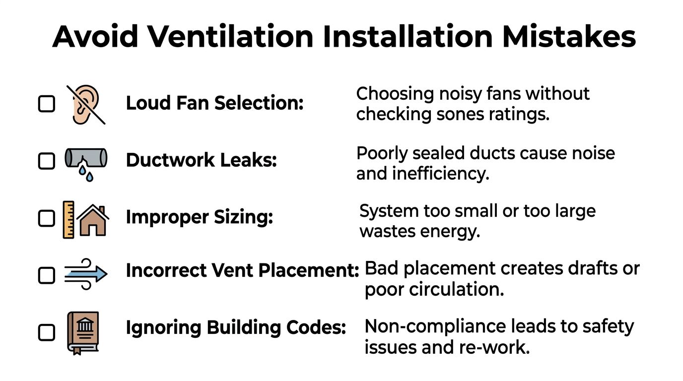 A checklist infographic titled Avoid Ventilation Installation Mistakes, illustrating five common errors to avoid during ventilation system installation.