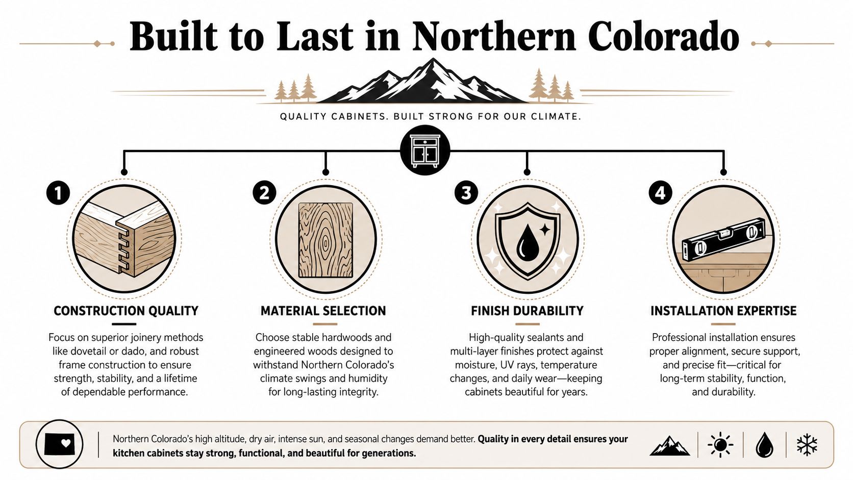 An infographic detailing four essential qualities of custom cabinetry designed for the Northern Colorado climate and environment.