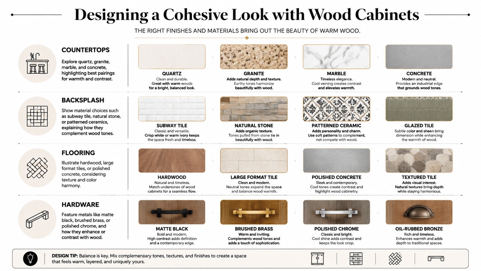 A design guide for pairing countertops, backsplashes, flooring, and hardware with warm wood kitchen cabinets.